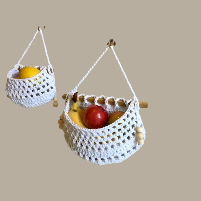Handwoven Macrame Hanging Fruit Basket Stylish Bohemian Design with Space-Saving Hanging Storage | Durable Eco-Friendly Cotton Rope for Fruits, Vegetables, or Decorative Items | Elegant Kitchen or Home Accent