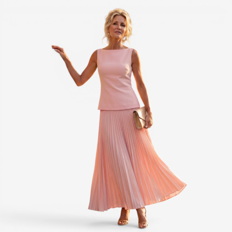 Chic Women's Slash Neck Pleated Skirt Set