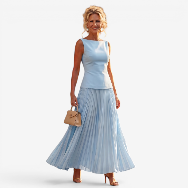 Chic Women's Slash Neck Pleated Skirt Set