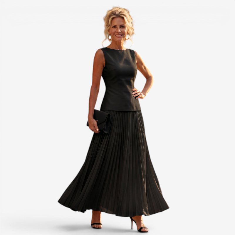 Chic Women's Slash Neck Pleated Skirt Set