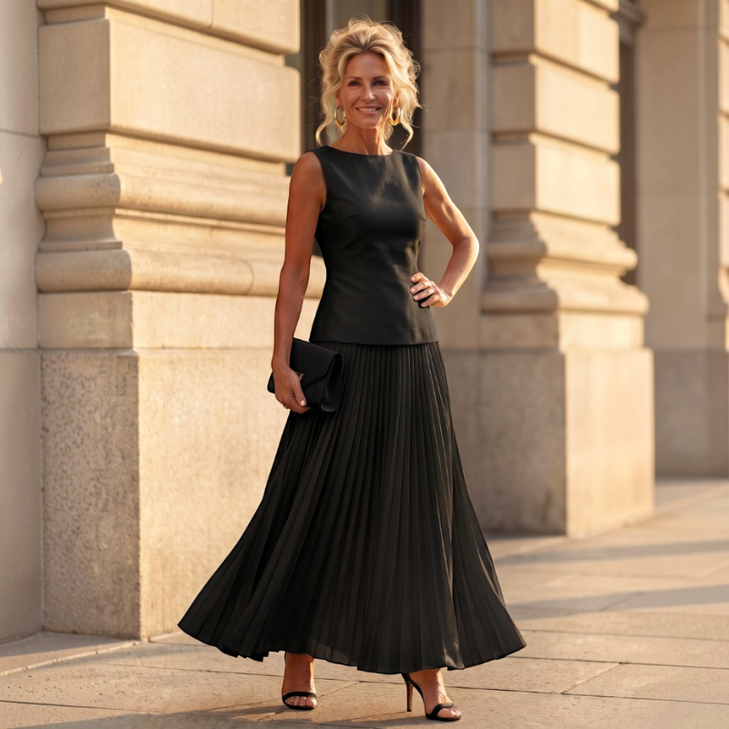 Chic Women's Slash Neck Pleated Skirt Set