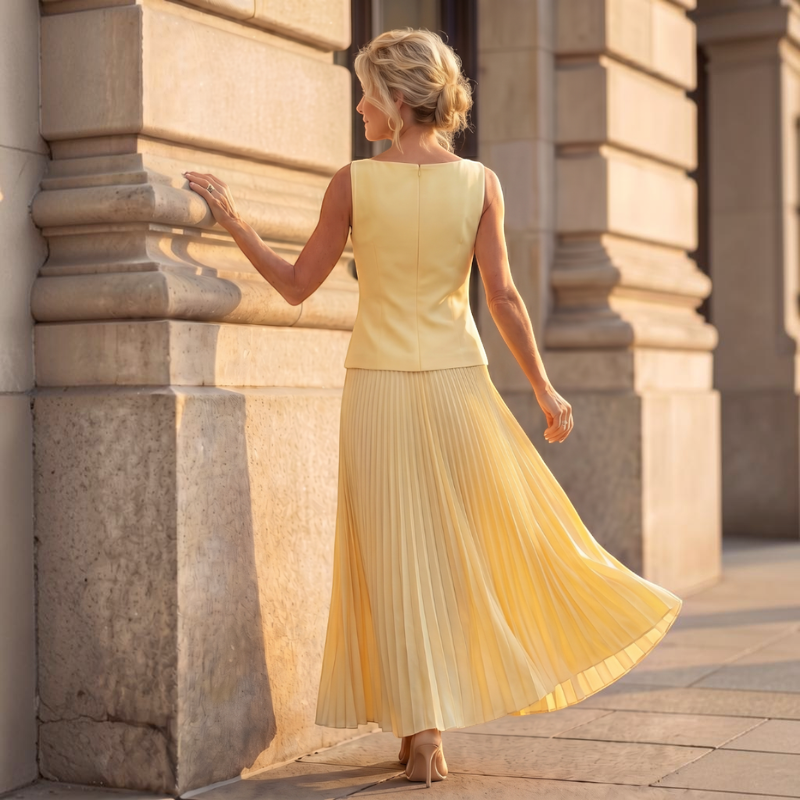 Chic Women's Slash Neck Pleated Skirt Set