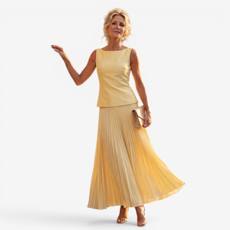 Chic Women's Slash Neck Pleated Skirt Set