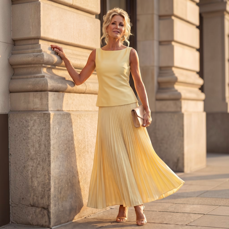 Chic Women's Slash Neck Pleated Skirt Set