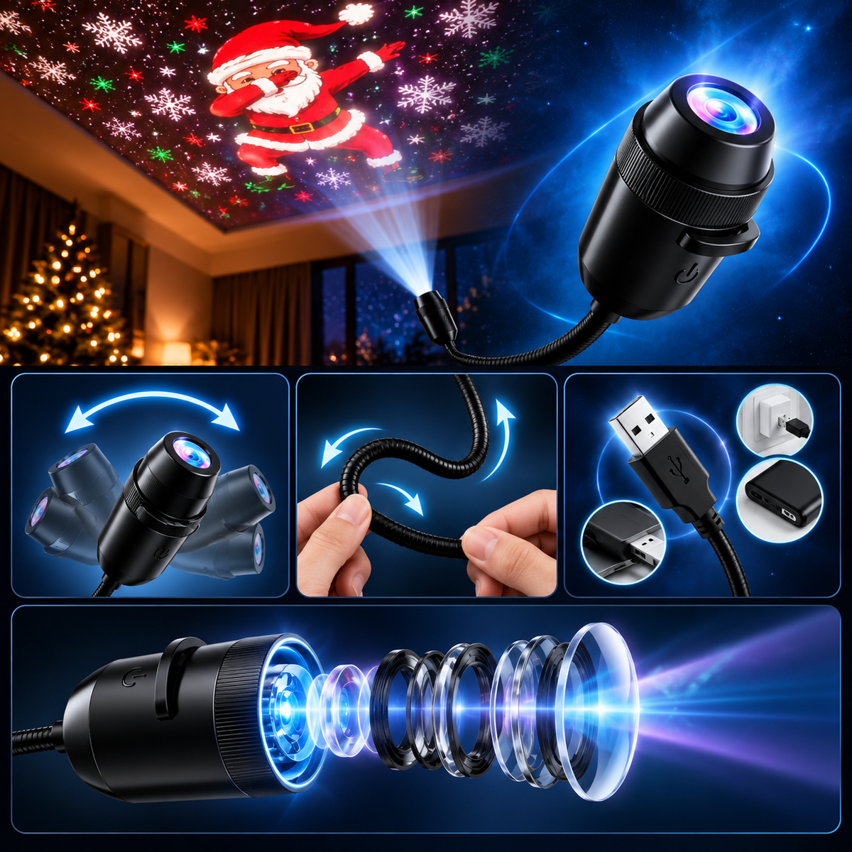 LumiFest - USB LED karácsonyi projektor lámpa ünnepi mintákkal
