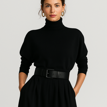 Nora All-Black Turtleneck & Straight-Leg Pants Two-Piece Set (with Belt)