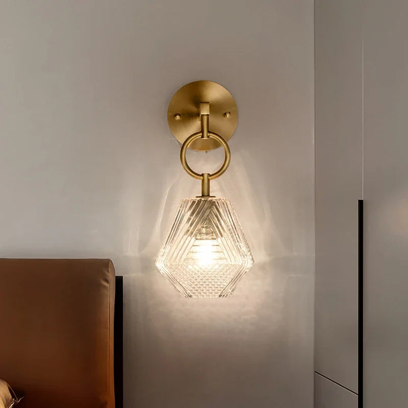 Luminara - Crystal Geometric Brass and Glass Wall Sconce Timeless Elegance with a Modern Touch | Faceted Crystal Glass Refraction for a Mesmerizing Glow | Premium Brass Build with Soft Ambient Lighting for Hallway, Bedroom or Living Room