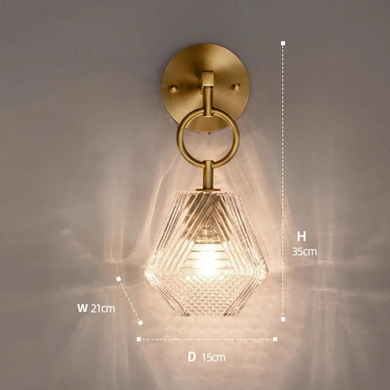 Luminara - Crystal Geometric Brass and Glass Wall Sconce Timeless Elegance with a Modern Touch | Faceted Crystal Glass Refraction for a Mesmerizing Glow | Premium Brass Build with Soft Ambient Lighting for Hallway, Bedroom or Living Room