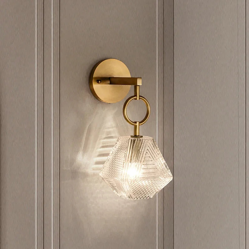 Luminara - Crystal Geometric Brass and Glass Wall Sconce Timeless Elegance with a Modern Touch | Faceted Crystal Glass Refraction for a Mesmerizing Glow | Premium Brass Build with Soft Ambient Lighting for Hallway, Bedroom or Living Room