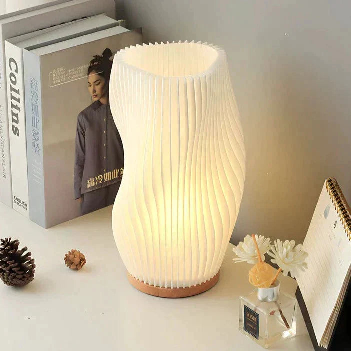 WaveLume - Pleated Table Lamp Sculptural Wavy Shade with Modern Statement Style | Soft Warm Ambient Glow with Lightweight Durable Build | Elegant Accent for Bedside, Desk or Shelves
