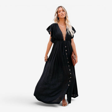 Women’s Flowy V-Neck Button-Front Maxi Dress