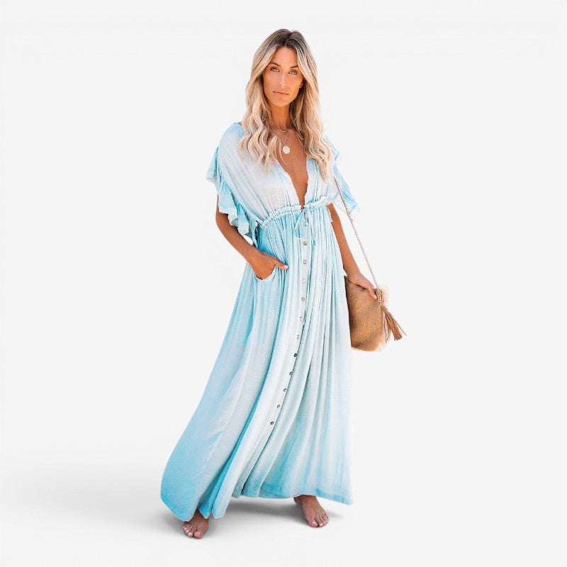 Women’s Flowy V-Neck Button-Front Maxi Dress