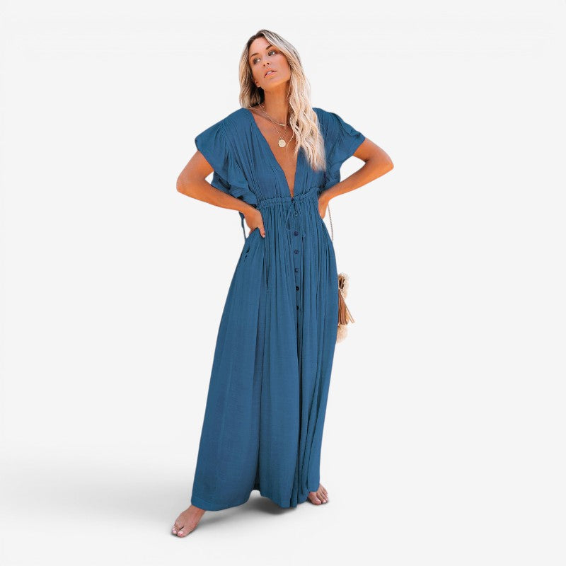 Women’s Flowy V-Neck Button-Front Maxi Dress