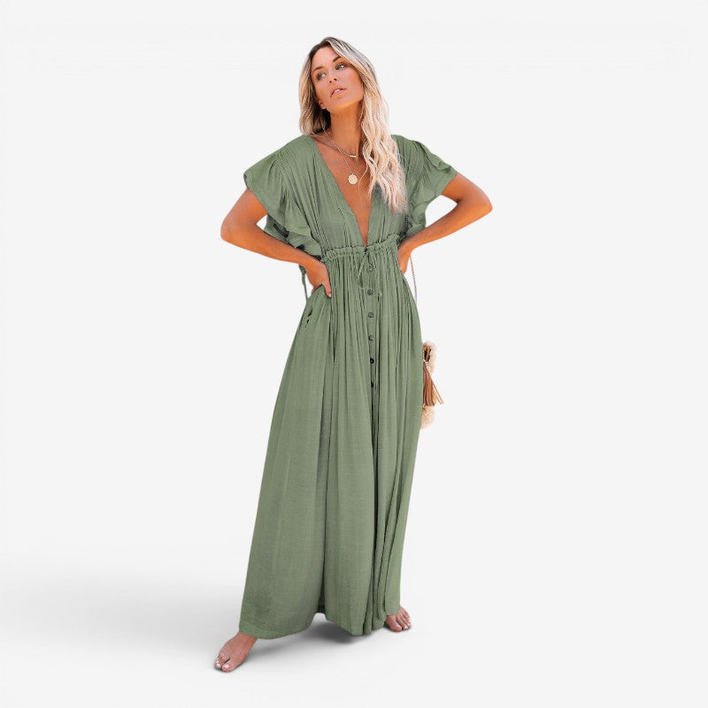 Women’s Flowy V-Neck Button-Front Maxi Dress