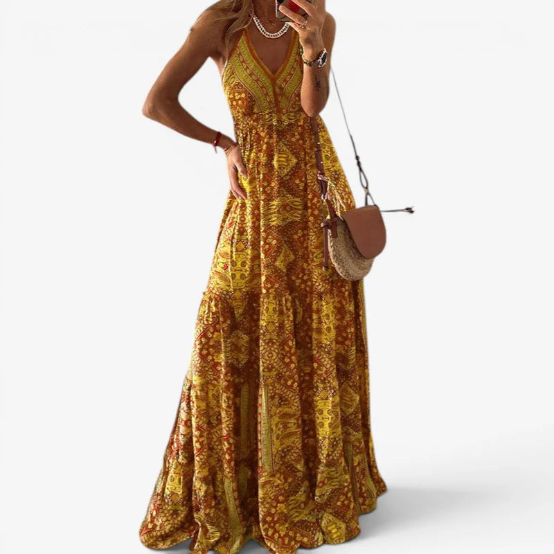 Women’s Long Draped V-Neck High Waist Dress