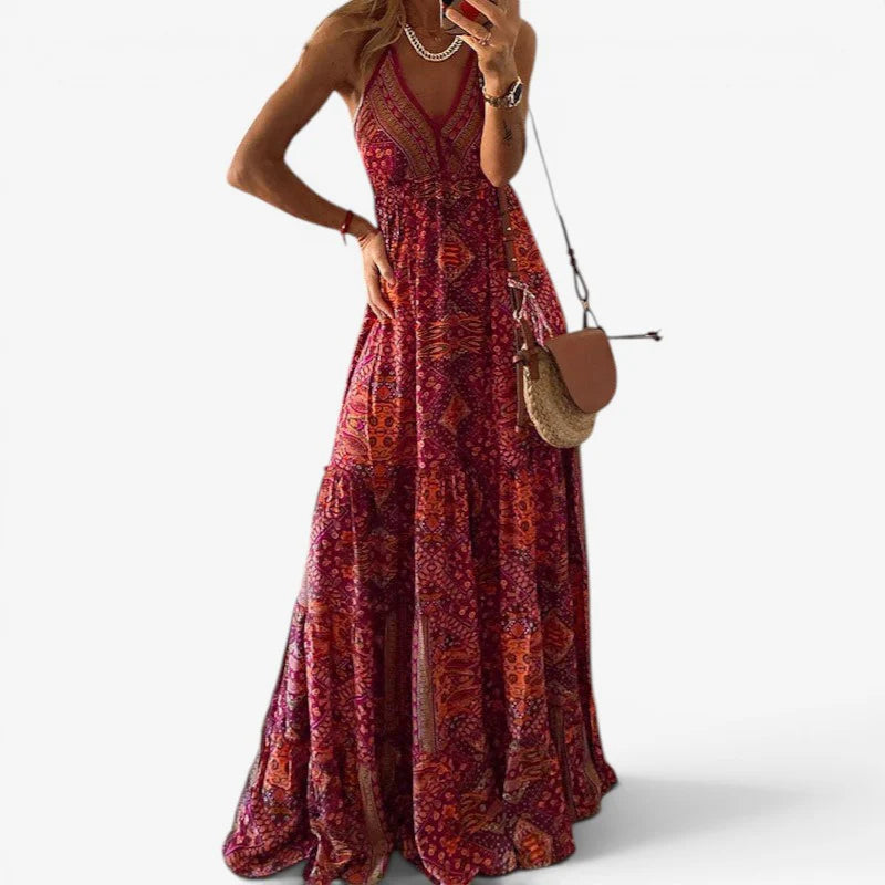 Women’s Long Draped V-Neck High Waist Dress