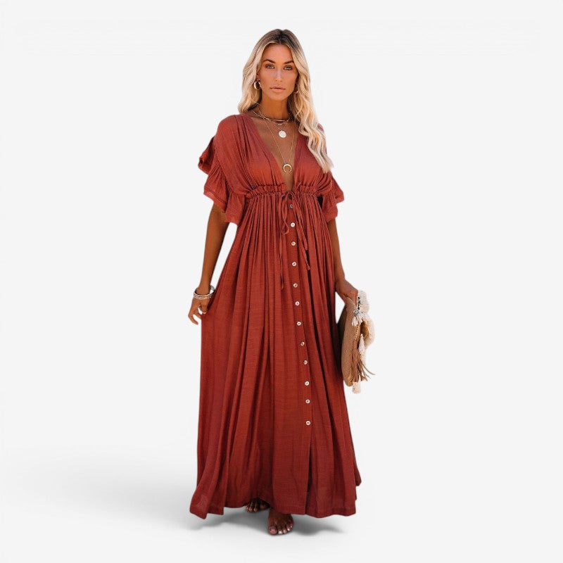 Women’s Flowy V-Neck Button-Front Maxi Dress