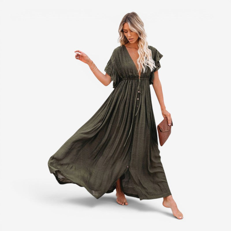 Women’s Flowy V-Neck Button-Front Maxi Dress