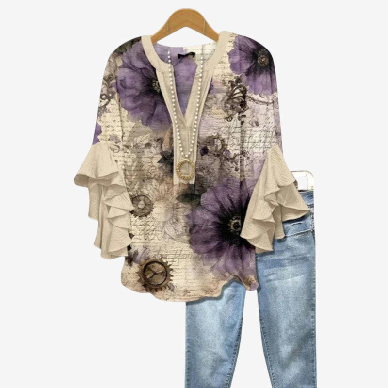 Stylish Women's Printed Blouse with Deep V Neck