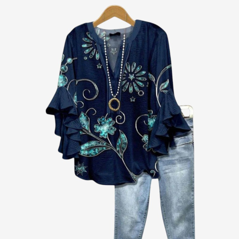 Stylish Women's Printed Blouse with Deep V Neck