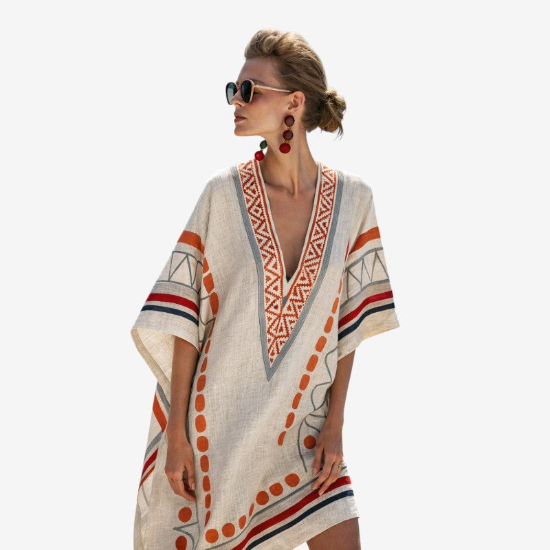 Women's Boho Chic Midi Dress with Short Sleeves