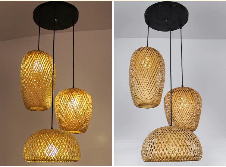 NaturalElegance - Three Handwoven Shades for Warm Boho Ambience | Natural Wooden Canopy with Soft Diffused Glow | Statement Lighting for Dining, Kitchen or Living Room