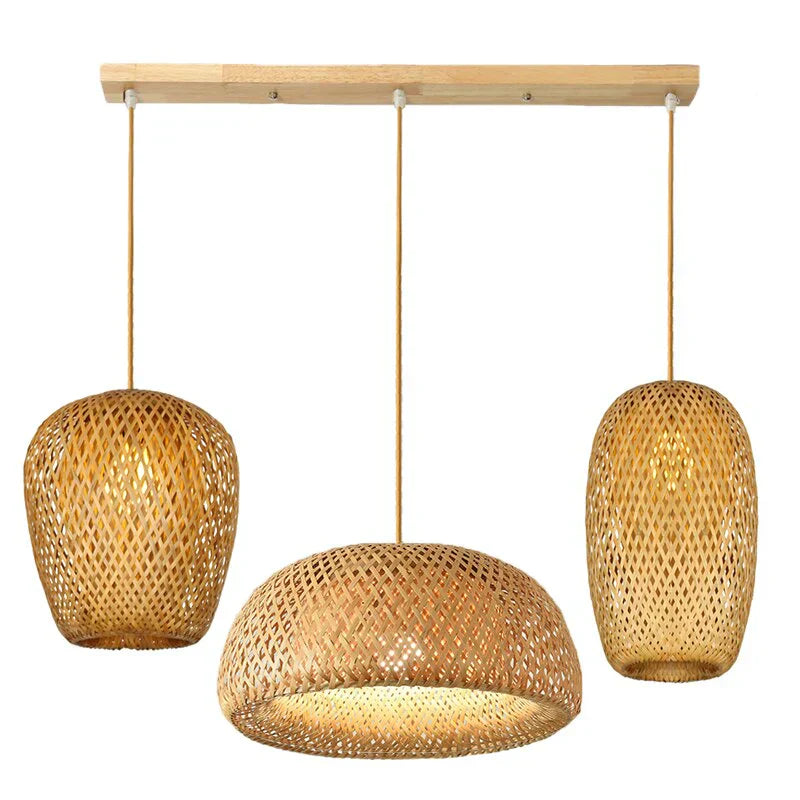 NaturalElegance - Three Handwoven Shades for Warm Boho Ambience | Natural Wooden Canopy with Soft Diffused Glow | Statement Lighting for Dining, Kitchen or Living Room