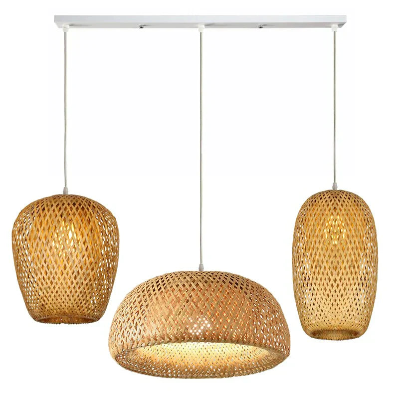 NaturalElegance - Three Handwoven Shades for Warm Boho Ambience | Natural Wooden Canopy with Soft Diffused Glow | Statement Lighting for Dining, Kitchen or Living Room