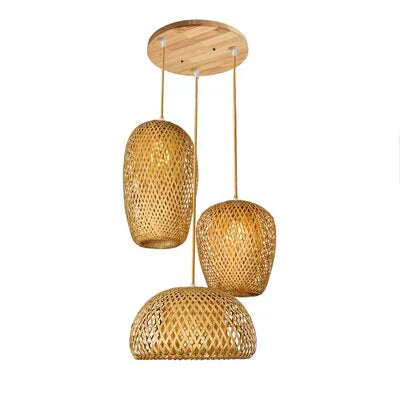 NaturalElegance - Three Handwoven Shades for Warm Boho Ambience | Natural Wooden Canopy with Soft Diffused Glow | Statement Lighting for Dining, Kitchen or Living Room