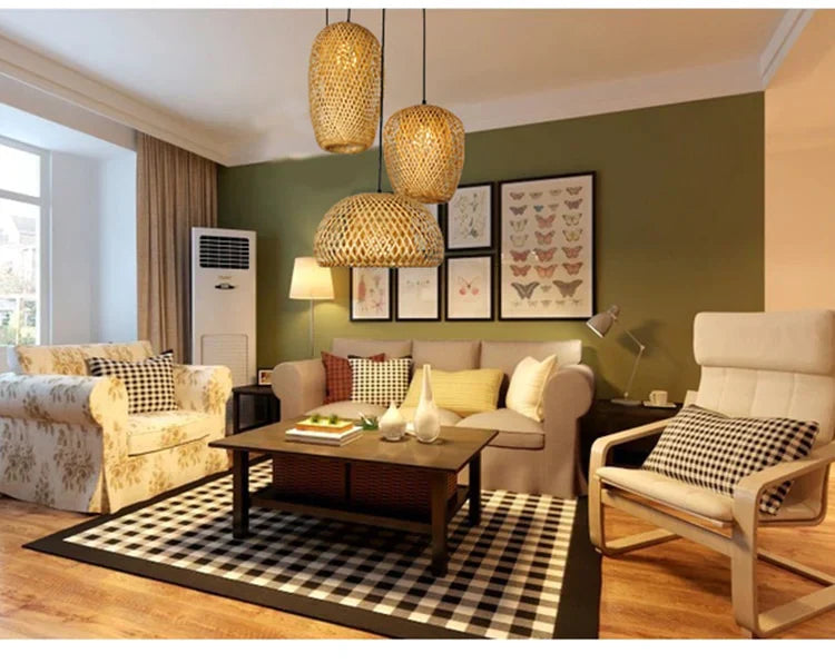 NaturalElegance - Three Handwoven Shades for Warm Boho Ambience | Natural Wooden Canopy with Soft Diffused Glow | Statement Lighting for Dining, Kitchen or Living Room