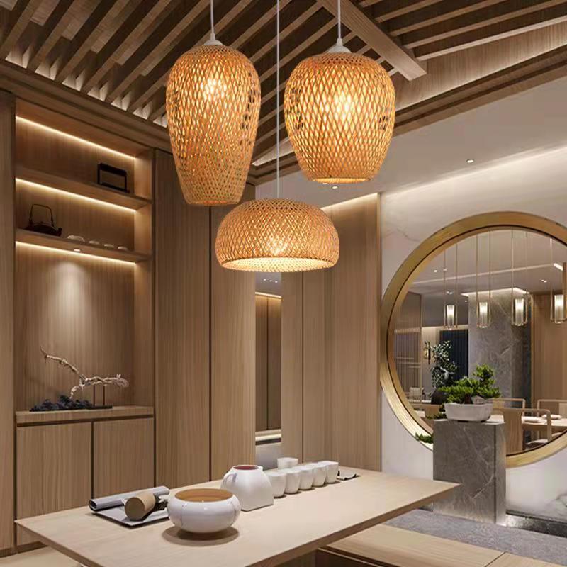 NaturalElegance - Three Handwoven Shades for Warm Boho Ambience | Natural Wooden Canopy with Soft Diffused Glow | Statement Lighting for Dining, Kitchen or Living Room