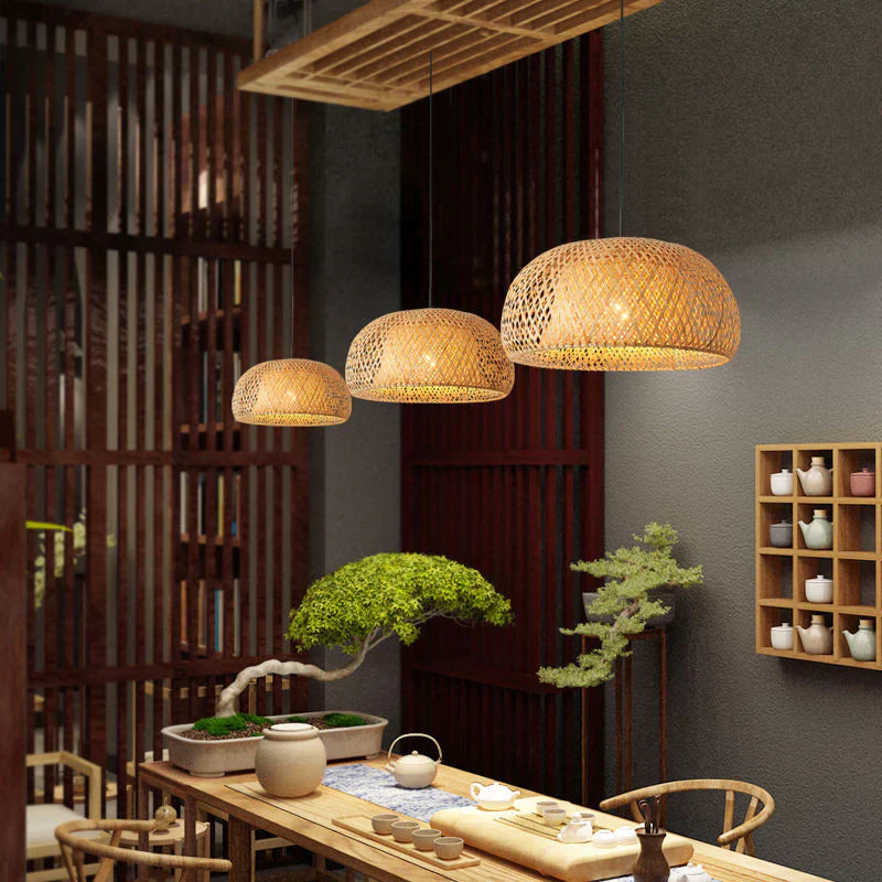 NaturalElegance - Three Handwoven Shades for Warm Boho Ambience | Natural Wooden Canopy with Soft Diffused Glow | Statement Lighting for Dining, Kitchen or Living Room