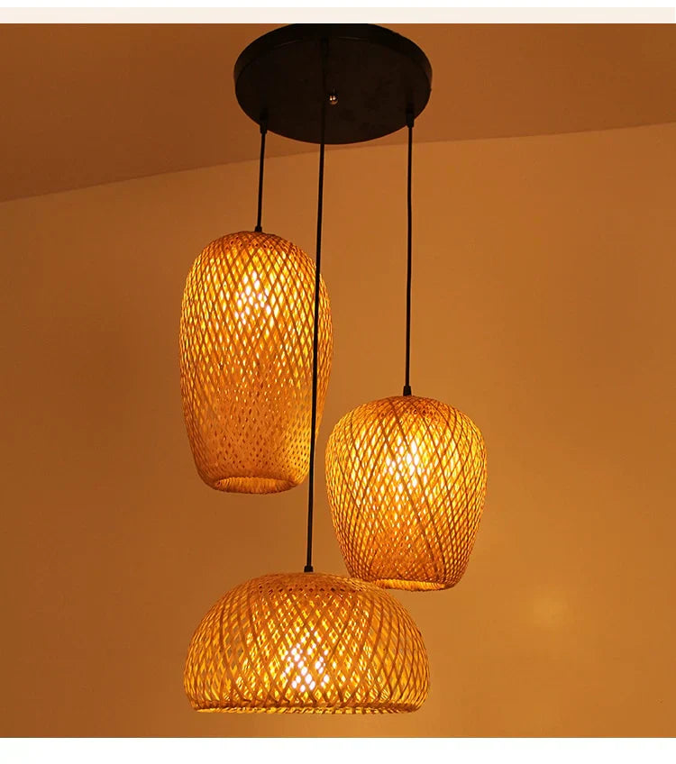 NaturalElegance - Three Handwoven Shades for Warm Boho Ambience | Natural Wooden Canopy with Soft Diffused Glow | Statement Lighting for Dining, Kitchen or Living Room