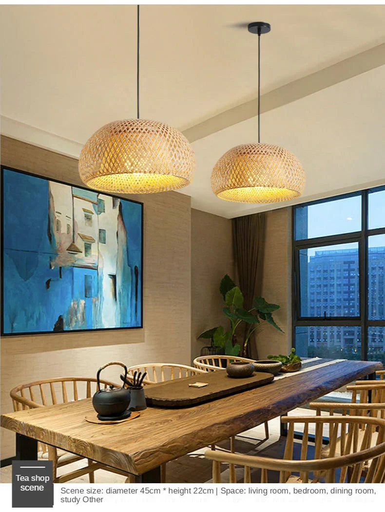NaturalElegance - Three Handwoven Shades for Warm Boho Ambience | Natural Wooden Canopy with Soft Diffused Glow | Statement Lighting for Dining, Kitchen or Living Room