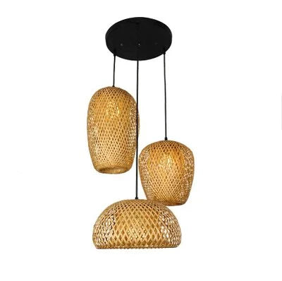NaturalElegance - Three Handwoven Shades for Warm Boho Ambience | Natural Wooden Canopy with Soft Diffused Glow | Statement Lighting for Dining, Kitchen or Living Room