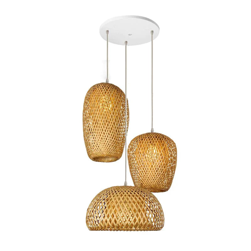 NaturalElegance - Three Handwoven Shades for Warm Boho Ambience | Natural Wooden Canopy with Soft Diffused Glow | Statement Lighting for Dining, Kitchen or Living Room