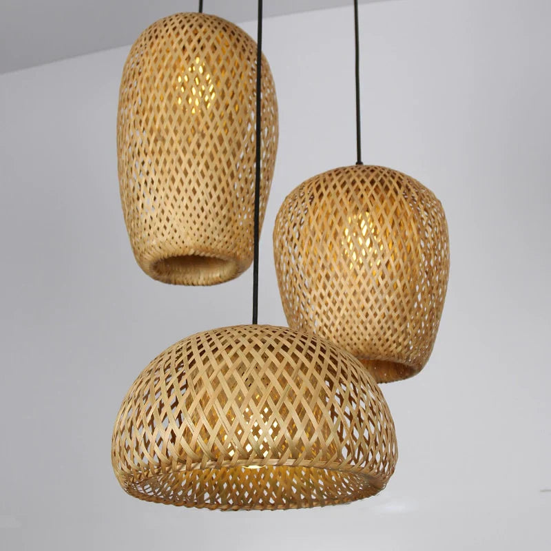 NaturalElegance - Three Handwoven Shades for Warm Boho Ambience | Natural Wooden Canopy with Soft Diffused Glow | Statement Lighting for Dining, Kitchen or Living Room