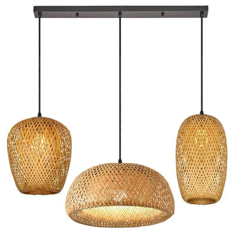 NaturalElegance - Three Handwoven Shades for Warm Boho Ambience | Natural Wooden Canopy with Soft Diffused Glow | Statement Lighting for Dining, Kitchen or Living Room