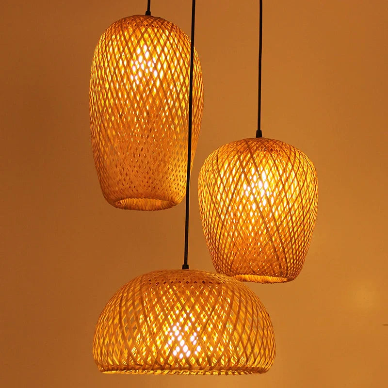 NaturalElegance - Three Handwoven Shades for Warm Boho Ambience | Natural Wooden Canopy with Soft Diffused Glow | Statement Lighting for Dining, Kitchen or Living Room