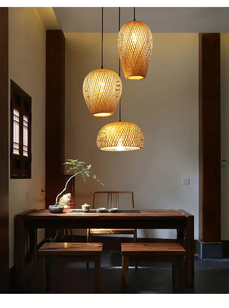 NaturalElegance - Three Handwoven Shades for Warm Boho Ambience | Natural Wooden Canopy with Soft Diffused Glow | Statement Lighting for Dining, Kitchen or Living Room