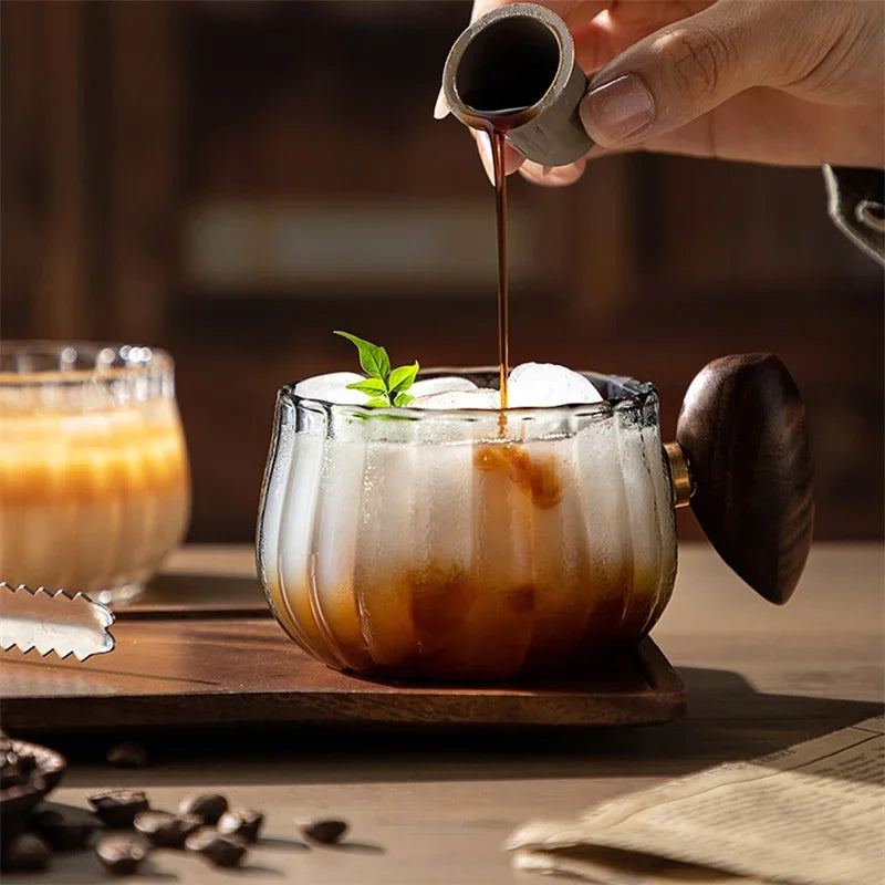 LuxeBrew - Elegant Glass Mugs with Wooden Handles