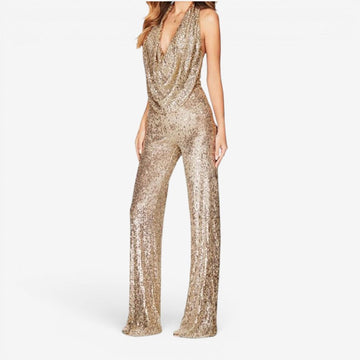 Glamorous Women's Sequin Jumpsuit with Halter Neck