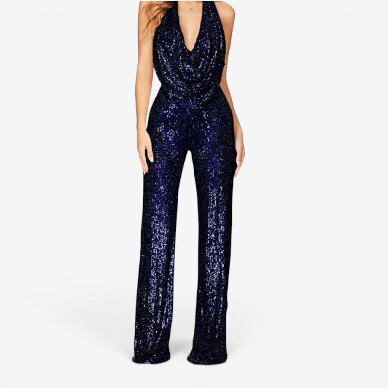 Glamorous Women's Sequin Jumpsuit with Halter Neck