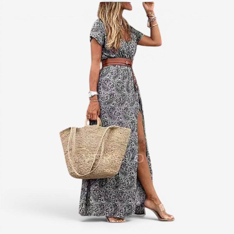 Women's Floral Print Maxi Dress with Belted Waist