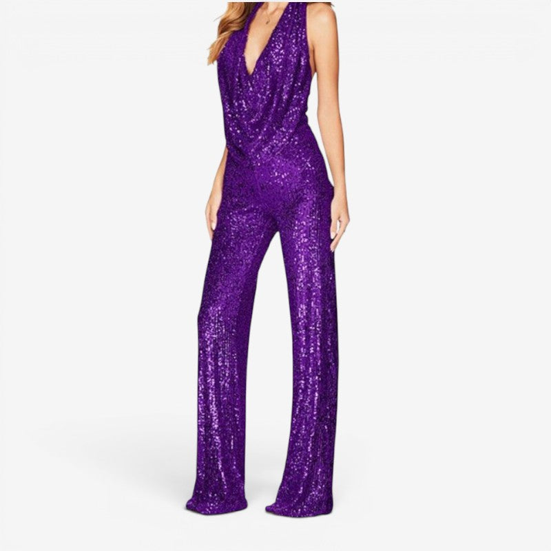Glamorous Women's Sequin Jumpsuit with Halter Neck