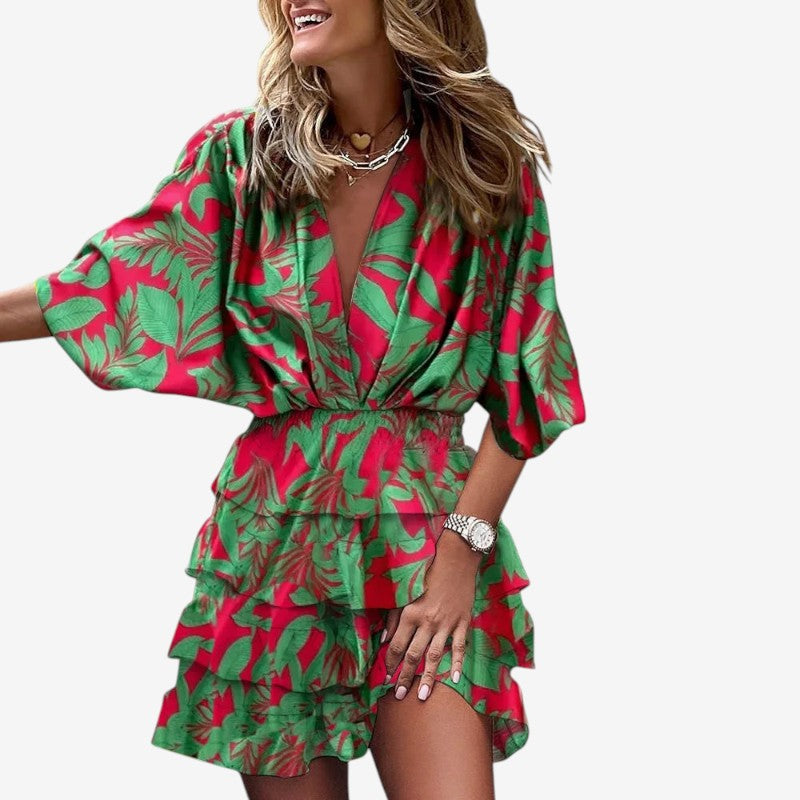 Women’s V-Neck Ruffle Bohemian Mini Dress