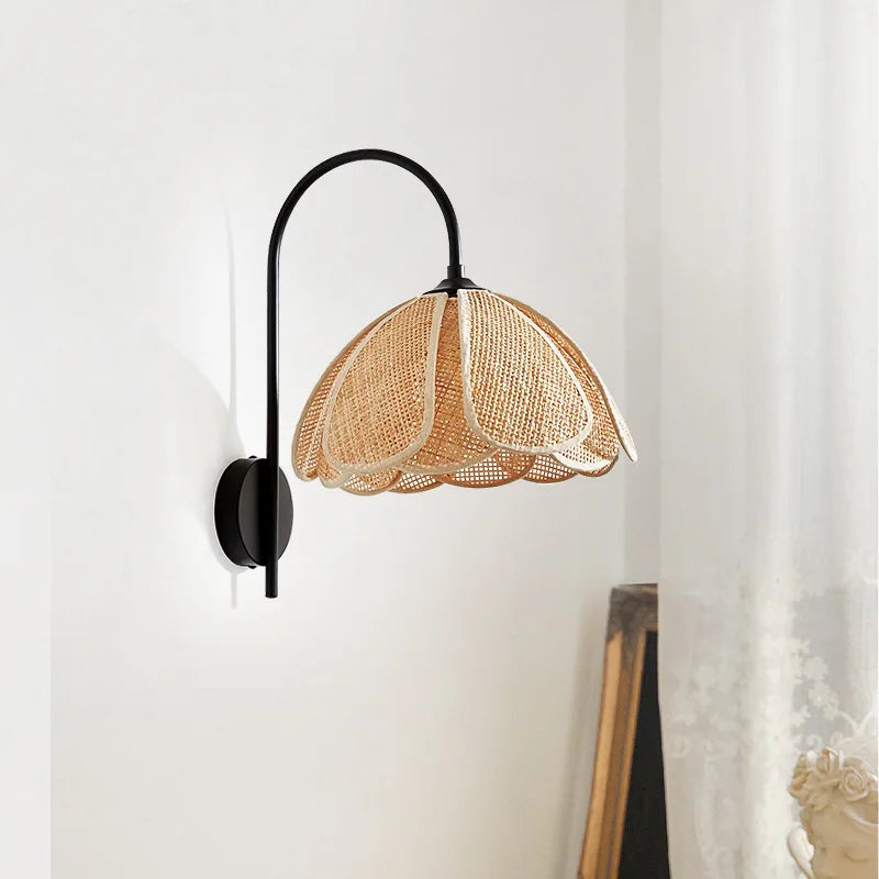 BloomGlow - Rattan Woven Flower Shade with Nature-Inspired Charm | Soft Warm Ambient Glow with Curved Black Metal Arm | Cozy Accent for Bedroom, Hallway or Living Room