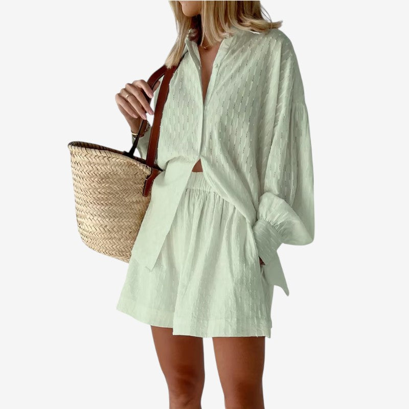 Women's Puff Sleeve Button-Up Shirt and High Waist Shorts Set
