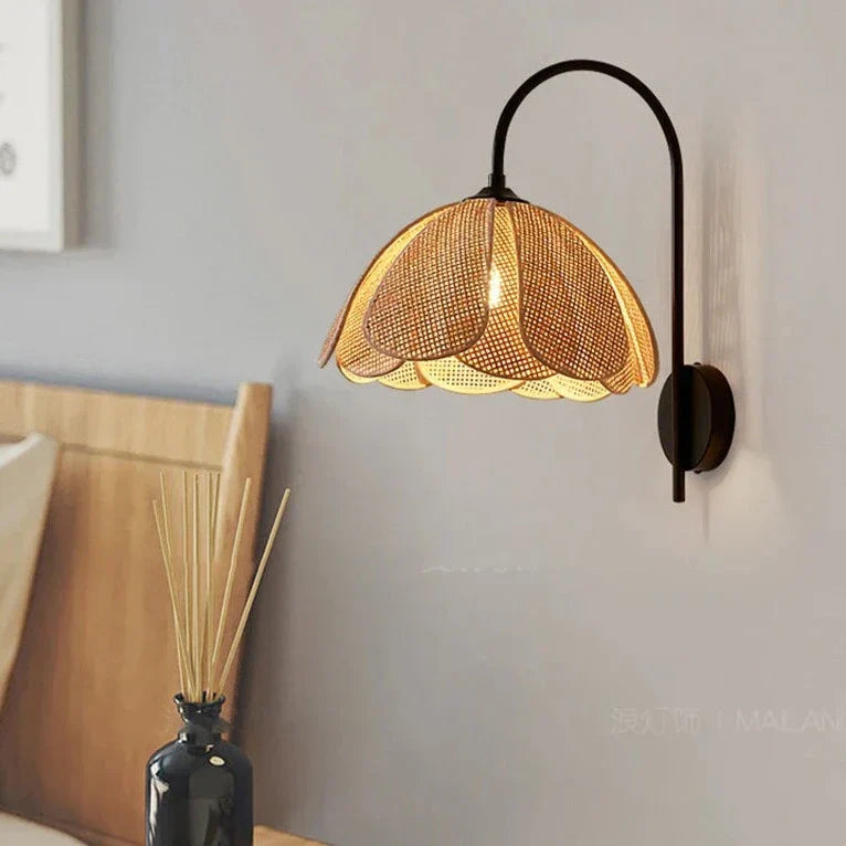 BloomGlow - Rattan Woven Flower Shade with Nature-Inspired Charm | Soft Warm Ambient Glow with Curved Black Metal Arm | Cozy Accent for Bedroom, Hallway or Living Room