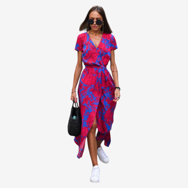 Women's V-Neck Belted Midi Dress